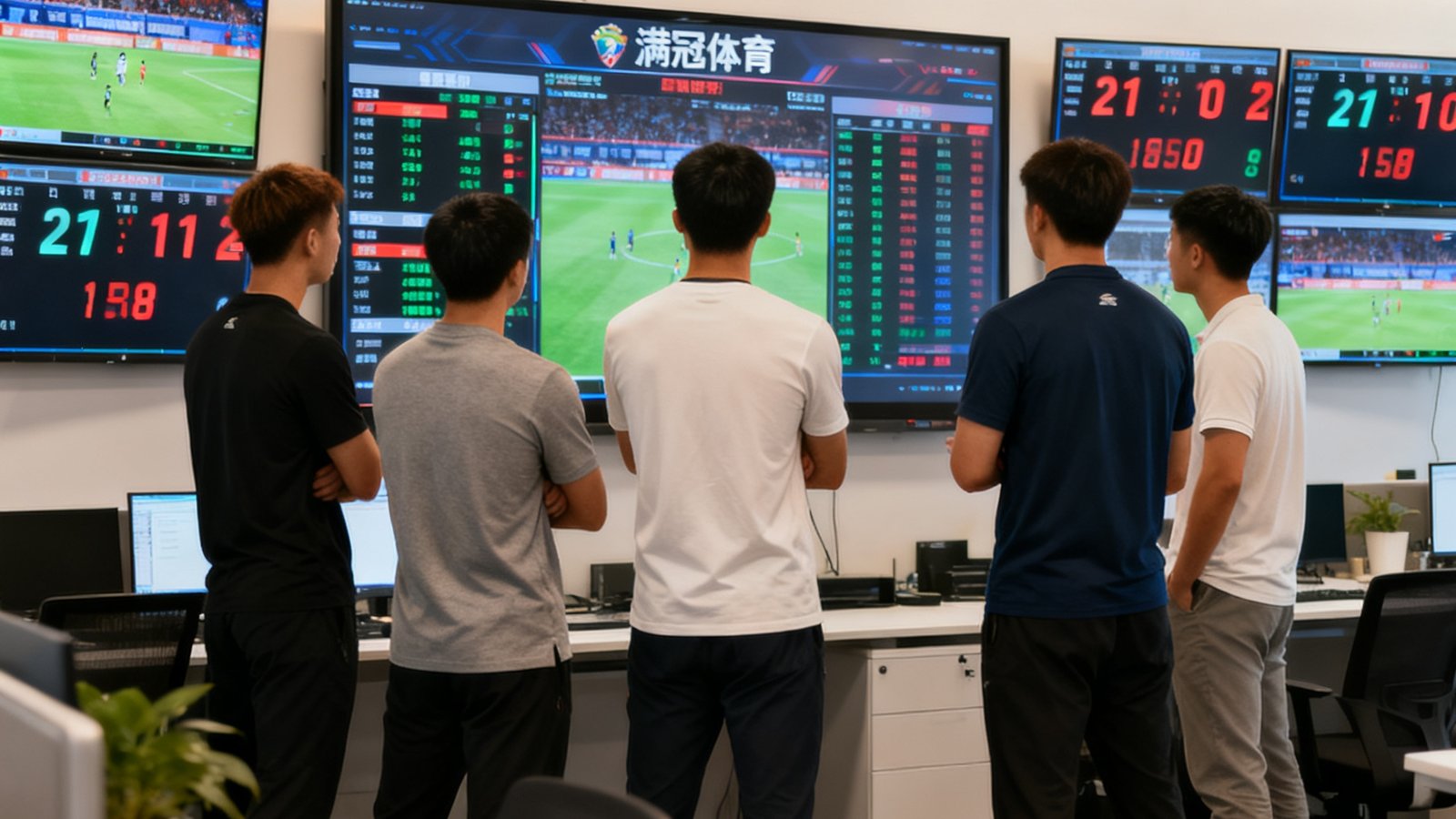 满冠体育办公室内，团队正围绕大屏分析实时比赛数据，背景是多块显示比分的屏幕
